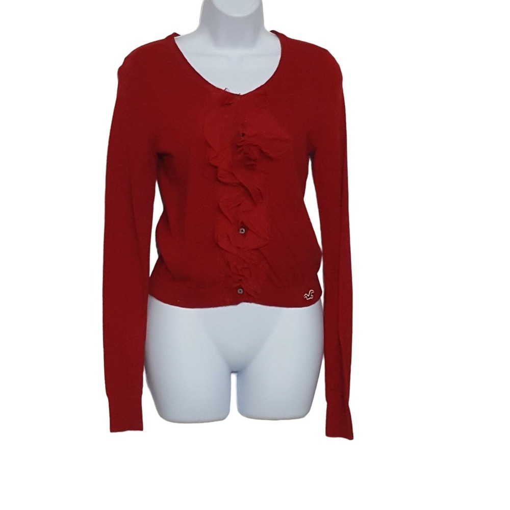 Hollister cardigan sweater M solid red cropped school girl long sleeve ruffle